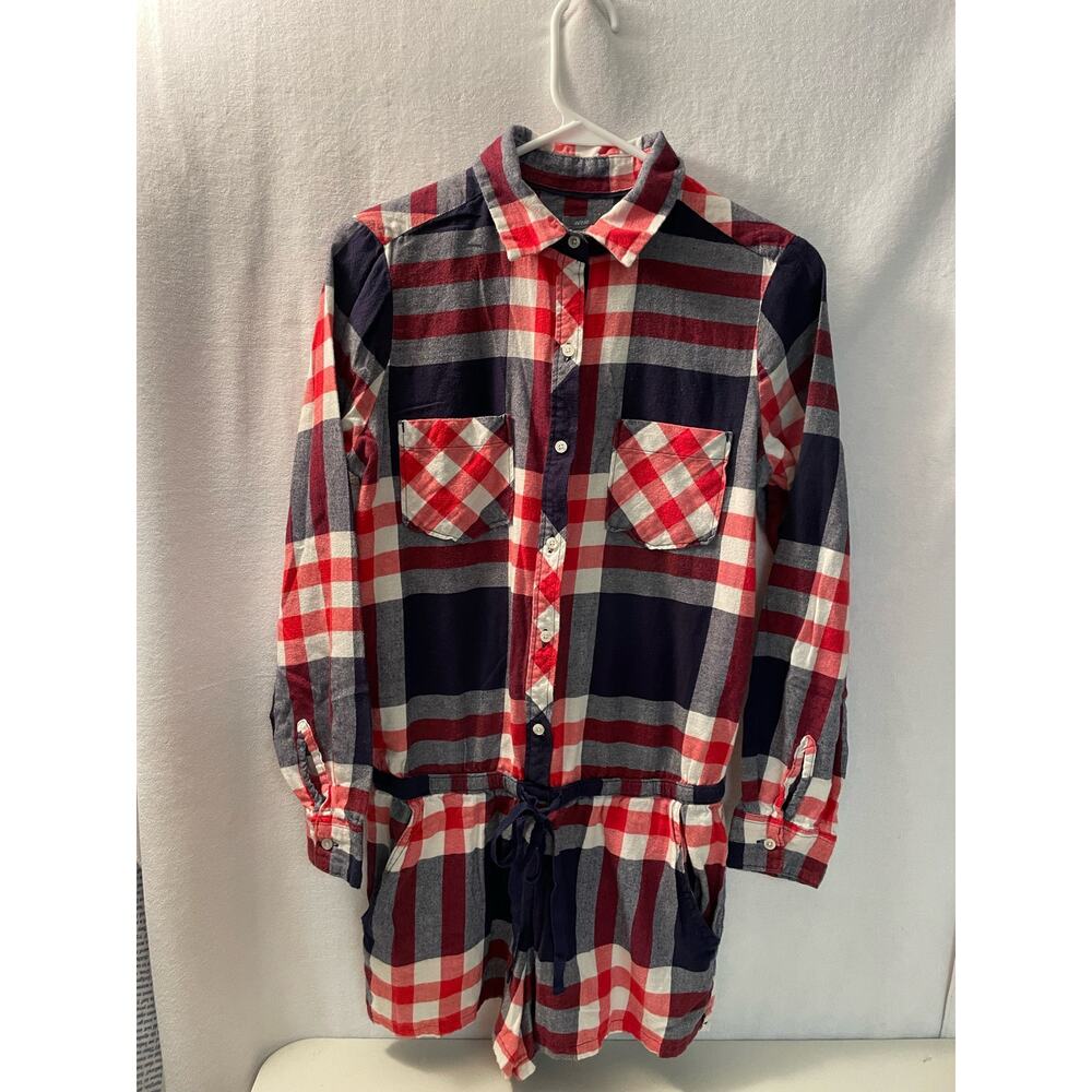 Aerie flannel one piece long sleeve short pockets Pajamas Small Red White Blue